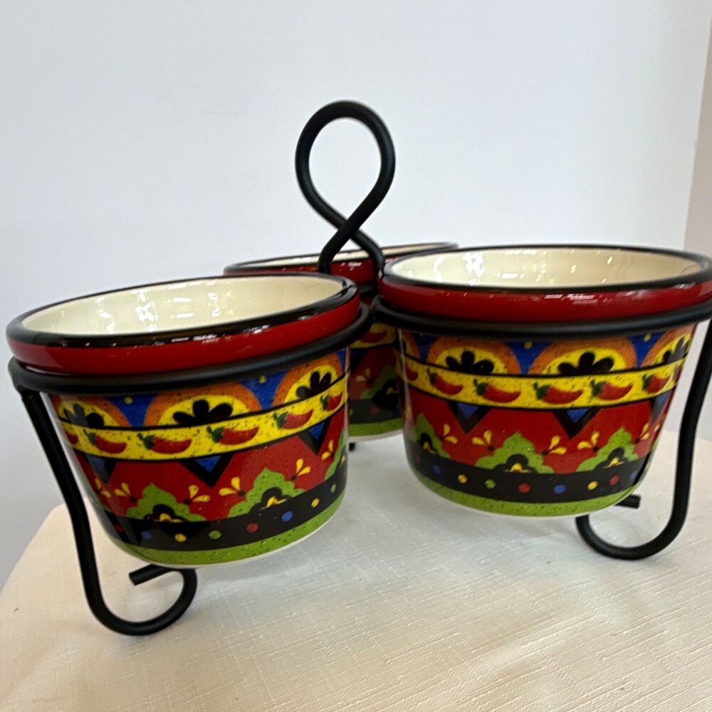Certified International Tequila Sunrise 3-Bowl Condiment Server Set, Metal Stand
